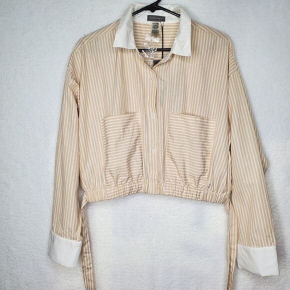 Sans Souci Striped Beige Cropped Blouse Top Size XL - Picture 1 of 15